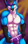  2016 5_fingers abs abstract_background anthro black_eyes black_fur black_hair black_nose blue_fur blue_tail boxer_briefs bulge canine clothed clothing daniel_greywolf digital_media_(artwork) eyebrows fcsimba front_view fur hair half-length_portrait hi_res male mammal multicolored_fur multicolored_hair muscular muscular_male pecs pinup portrait pose purple_hair smile smirk solo standing teasing topless two_tone_hair underwear underwear_pull white_fur wolf 
