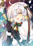  :d ahoge bangs black_gloves blush breasts capelet cleavage commentary_request contest_winner elbow_gloves eyebrows_visible_through_hair fate/grand_order fate_(series) fur_trim gloves green_ribbon hair_ribbon headpiece holding holding_weapon jeanne_d'arc_(fate)_(all) jeanne_d'arc_alter_santa_lily lance long_hair looking_at_viewer open_mouth pixiv_fate/grand_order_contest_1 polearm red_ribbon ribbon silver_hair small_breasts smile snow solo striped striped_ribbon teeth trianon twitter_username watermark weapon web_address white_capelet 