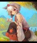  absurdres animal_ears autumn_leaves bare_shoulders breasts daisy detached_sleeves fang flower fox_shadow_puppet grass hat highres hukahire0120 inubashiri_momiji leaf leaf_print letterboxed looking_at_viewer maple_leaf mountain open_mouth outdoors red_eyes sarashi shirt short_hair sideboob skirt sleeveless sleeveless_shirt small_breasts smile solo squatting tail tokin_hat touhou tree water waterfall white_hair wolf_ears wolf_tail 