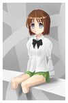  amputee blue_eyes bow bowtie brown_hair burn_scar empty_eyes green_skirt grey_eyes hybrid katawa_shoujo no_arms no_legs original parody quadruple_amputee scar school_uniform shirt sitting skirt smile solo tokeijikaku ultimate_moe white_shirt 