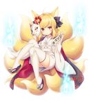  animal_ears bell blonde_hair floral_print flower fox_ears fox_mask fox_tail full_body hair_flower hair_ornament hair_ribbon highres hitodama inari_(sennen_sensou_aigis) japanese_clothes jingle_bell kimono mask multiple_tails panties pantyshot paper red_eyes ribbon sandals sennen_sensou_aigis short_hair short_kimono shura_no_suke smile solo tail thighhighs translation_request underwear white_kimono 