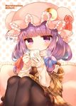  artist_name bangs black_legwear blue_bow blunt_bangs bow commentary_request crescent cup frilled_pillow frills hair_bow hat hat_bow jitome long_hair long_sleeves looking_at_viewer marshmallow_mille mob_cap mug pantyhose patchouli_knowledge pillow plaid_blanket polka_dot polka_dot_background purple_eyes purple_hair red_bow ribbed_sweater sitting solo strap_slip striped striped_bow sweater touhou 