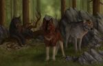  2014 amber_eyes ambiguous_gender black_lips black_nose brown_fur canine day detailed_background forest fur grass grey_fur group mammal nude outside paws standing tree wolf wolnir 