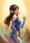  artist_name ass bangs bodysuit boots bracer breasts brown_eyes brown_hair bubble_blowing chewing_gum cowboy_shot d.va_(overwatch) dated emblem eyelashes felia_hanakata from_side gloves hand_on_hip headphones legs_together lips logo long_hair long_sleeves medium_breasts overwatch pauldrons pilot_suit pink_lips ribbed_bodysuit shoulder_pads skin_tight solo swept_bangs thigh_boots thigh_strap thighhighs turtleneck white_footwear white_gloves 