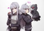  ? ?? bangs belt belt_buckle black_gloves black_jacket black_neckwear black_ribbon black_suit blunt_bangs buckle collared_shirt color_connection danganronpa danganronpa_3 expressionless formal gloves gradient gradient_background grey_background grey_shirt hair_ribbon hands_on_own_cheeks hands_on_own_face holding holding_poke_ball jacket kirigiri_kyouko lavender_eyes lila_(pokemon) long_hair long_sleeves look-alike low_ponytail monokuma multiple_girls necktie no-kan open_clothes open_jacket poke_ball poke_ball_(generic) pokemon pokemon_(game) pokemon_sm ponytail ribbon shirt sidelocks silver_hair simple_background suit tsurime upper_body very_long_hair white_shirt wing_collar 