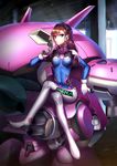  acronym arm_cannon bangs bodysuit boots bracer breasts breasts_apart brown_eyes brown_hair character_name charm_(object) chestnut_mouth clothes_writing covered_navel crossed_legs d.va_(overwatch) eyebrows eyebrows_visible_through_hair eyelashes facepaint facial_mark gatling_gun gloves gun hand_up handgun headphones highres holding holding_gun holding_weapon long_hair long_sleeves looking_at_viewer mallizmora mecha medium_breasts meka_(overwatch) overwatch pauldrons pilot_suit ribbed_bodysuit shoulder_pads sitting skin_tight solo thigh_boots thigh_strap thighhighs turtleneck weapon whisker_markings white_footwear white_gloves 