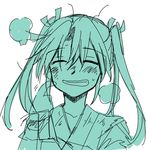  aqua blush closed_eyes dirty_face grin hair_between_eyes hair_ribbon japanese_clothes kantai_collection long_hair monochrome ribbon sanpachishiki_(gyokusai-jima) scratching_cheek simple_background smile solo sweatdrop torn_clothes twintails upper_body white_background zuikaku_(kantai_collection) 