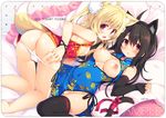  2girls ahoge animal_ears ass bare_legs bare_shoulders barefoot black_gloves black_hair black_legwear blonde_hair blue_dress blush bow breasts breasts_outside brown_eyes bun_cover cat_ears cat_tail china_dress chinese_clothes chiri_(atlanta) cleavage_cutout commentary_request covered_navel dated double_bun dress elbow_gloves fang fingerless_gloves gloves hair_between_eyes large_breasts long_hair looking_at_viewer lying multiple_girls nipples no_bra no_panties on_back on_side open_mouth original panties panty_pull red_bow red_dress red_eyes ribbon sample side_slit sleeveless sleeveless_dress small_breasts tail tail_bow tail_ribbon take_your_pick thighhighs two_side_up underwear white_panties wrist_ribbon 