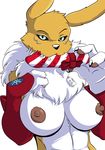  2016 anthro breasts christmas claws clothing digimon dildo elbow_gloves female fur gloves holidays looking_at_viewer nipples renamon ribbons sex_toy simple_background solo white_background yawg yellow_fur 