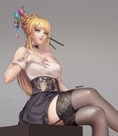  artist_name bangs bare_shoulders black_legwear black_skirt blonde_hair braid braided_bun breasts choker crossed_legs crystal dungeon_and_fighter elsword eyelashes female_gunner_(dungeon_and_fighter) floral_print garter_straps gradient gradient_background grey_background hair_ornament hair_stick hand_on_breast korean_clothes large_breasts long_hair looking_at_viewer looking_to_the_side md5_mismatch monaim parted_lips pinup rose_(elsword) shiny shiny_clothes shiny_hair sitting skirt solo strapless swept_bangs thighhighs 