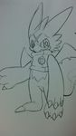  button_(disambiguation) claws clothing digimon gumdramon hatake looking_at_viewer male monochrome pen_(artwork) pencil_(artwork) shirt sketch smile sweater traditional_media_(artwork) wings 