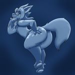  ambiguous_gender big_butt butt fluffy fluffy_tail hand_on_butt looking_back lucario may_(dewwydarts) monochrome nintendo pok&eacute;mon potoobrigham presenting presenting_hindquarters simple_background video_games 