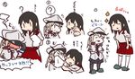  akagi_(kantai_collection) betchan blonde_hair blue_eyes blush brown_eyes brown_hair closed_eyes commentary graf_zeppelin_(kantai_collection) handkerchief hat japanese_clothes kantai_collection long_hair military military_uniform multiple_girls numbered skirt sparkle steam thighhighs translated twintails uniform white_background wiping_face younger 