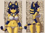  2016 animal_crossing ankha anthro bandage bangs black_hair blue_hair blush breasts butt cat cleavage clothed clothing dakimakura_design egyptian feline female fur hair hand_on_butt hieroglyphics looking_back mammal nintendo shinsuke short_hair solo straight_hair undressing video_games wide_hips yellow_body yellow_fur 