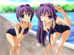  blue_eyes breasts clannad competition_school_swimsuit covered_nipples fujibayashi_kyou fujibayashi_ryou hair_intakes highres leaning_forward long_hair medium_breasts multiple_girls non-web_source norizou_type-r one-piece_swimsuit one_eye_closed open_mouth pool poolside purple_eyes purple_hair school_swimsuit short_hair siblings sisters small_breasts swimsuit thigh_gap twins very_long_hair water 