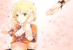  arm_warmers atoki blonde_hair chain cuffs flower green_eyes hair_flower hair_ornament hands hoshiguma_yuugi md5_mismatch mizuhashi_parsee open_mouth out_of_frame petals pointy_ears scarf short_hair short_sleeves solo_focus touhou 