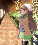  1girl absurdres bangs black_legwear blue_shirt blurry blurry_background blush brown_coat brown_eyes brown_hair bush coat commentary_request depth_of_field eyebrows_visible_through_hair green_scarf green_skirt hand_up hat highres idolmaster idolmaster_cinderella_girls kamiya_nao long_hair long_sleeves looking_at_viewer open_clothes open_coat outdoors parted_lips plaid plaid_skirt pleated_skirt railing roido_(taniko-t-1218) scarf shirt skirt solo standing thighhighs very_long_hair white_hat 
