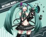  ammunition aqua_eyes aqua_hair breasts detached_sleeves gia hatsune_miku headphones headset koi_wa_sensou_(vocaloid) long_hair medium_breasts megaphone midriff navel panties skirt solo thighhighs thong twintails underboob underwear very_long_hair vocaloid zettai_ryouiki 