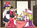  ^_^ animal_ears apron black_hair blonde_hair bow braid brown_hair cat_ears chen chopsticks closed_eyes detached_sleeves earrings food frills hair_bow hakurei_reimu hat highres jewelry kirisame_marisa kotatsu long_hair multiple_girls nabe open_mouth ribbon sack santa_hat short_hair sitting sweatdrop table touhou witch_hat yakumo_ran yakumo_yukari yellow_eyes yuuki_keisuke 