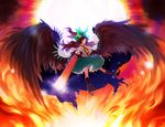  arm_cannon bow brown_hair cape eyes fire hair_bow highres iwamoto_zerogo long_hair reiuji_utsuho skirt solo sun touhou weapon wings 