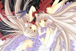  absurdres angel_wings artbook bare_shoulders black_vs_white blonde_hair brown_eyes chii chobits clamp freya_(chobits) highres long_hair multiple_girls official_art robot_ears rotational_symmetry scan siblings sisters traditional_media twins upside-down very_long_hair wings 