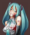  blood detached_sleeves eu03 face green_hair grin hair_in_mouth hatsune_miku long_hair mouth_hold necktie smile solo twintails vocaloid 