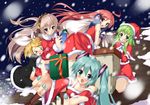  ahoge aqua_eyes aqua_hair blonde_hair christmas detached_sleeves green_eyes green_hair gumi hatsune_miku highres kagamine_rin long_hair megurine_luka multiple_girls pink_hair piromizu red_eyes red_hair santa_costume sf-a2_miki short_hair skirt vocaloid 