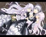  barasuishou black_wings book doll_joints dress eyepatch flower kirakishou letterboxed long_hair multiple_girls pink_hair purple_eyes rose rozen_maiden sabamu silver_hair suigintou wings yellow_eyes 