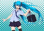  aqua_eyes aqua_hair bag hatsune_miku highres hitomi_kazuya long_hair necktie school_uniform skirt smile solo thighhighs twintails very_long_hair vocaloid zettai_ryouiki 