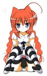  ahoge blue_eyes blush highres iga_tamaki lyrical_nanoha mahou_shoujo_lyrical_nanoha mahou_shoujo_lyrical_nanoha_a's miniskirt orange_hair panties pantyshot shirt skirt skull solo striped striped_legwear t-shirt thighhighs toes twintails underwear vita white_panties 