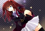  armband bad_id bad_pixiv_id belt black_legwear blue_eyes bow bowtie bug butterfly chain-link_fence fence hair_bobbles hair_ornament insect kinatsu_souju pleated_skirt red_hair skirt solo thighhighs umineko_no_naku_koro_ni ushiromiya_ange zettai_ryouiki 