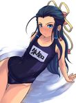  angry black_hair blue_eyes blue_hair blush crossdressing earrings flat_chest half_updo jewelry long_hair male_focus name_tag one-piece_swimsuit otoko_no_ko sangokushi_taisen school_swimsuit shoohee solo swimsuit zhu_zhi 