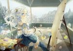  art_brush bare_shoulders blue_eyes braid canvas_(object) crystal dress easel elf jane_mere long_hair oekaki_musume original paintbrush painting pale_color pointy_ears scenery see-through silver_hair sitting skirt solo surreal thighhighs twintails white_hair zettai_ryouiki 