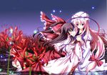  a_flow bad_id bad_pixiv_id blonde_hair bow brown_hair detached_sleeves flower hakurei_reimu half_updo hat japanese_clothes long_hair multiple_girls purple_eyes ribbon spider_lily touhou yakumo_yukari 