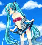  aqua_eyes aqua_hair bad_id bad_pixiv_id bikini bikini_under_clothes cloud day frilled_bikini frills hatsune_miku long_hair ocean outdoors side-tie_bikini skirt sky solo soysauce_(pixiv47673) swimsuit swimsuit_under_clothes twintails undressing very_long_hair vocaloid water 