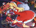  3girls aki_(mare_desiderii) bell blonde_hair blue_eyes blue_hair blush brown_eyes brown_hair christmas flying gift gloves green_eyes hair_tubes hat multiple_girls original sack santa_costume santa_hat sidelocks 