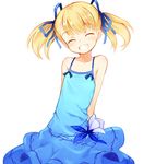  arms_behind_back bare_shoulders blonde_hair blush child closed_eyes dress flat_chest gradient grin hair_ribbon happy kurasuke long_hair original ribbon simple_background smile solo twintails 