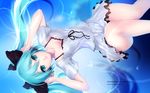  aqua_eyes aqua_hair artist_name bangs bare_arms black_bra black_ribbon blouse blue_background bra bra_strap breasts cait character_name dress feet_out_of_frame hair_between_eyes hair_ribbon hand_on_headphones hatsune_miku headphones highres knee_up lace long_hair looking_at_viewer lying medium_breasts miniskirt on_back parted_lips ribbon ripples short_sleeves sideways skirt skirt_set smile solo twintails underwear vocaloid wallpaper water watermark web_address white_blouse white_skirt world_is_mine_(vocaloid) 
