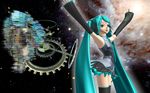  1girl 3d aqua_eyes aqua_hair detached_sleeves female galaxy hatsune_miku headphones headset highres long_hair melody_(vocaloid) microphone necktie skirt solo space thigh-highs twintails very_long_hair vocaloid 