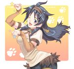  black_hair blue_eyes detached_sleeves druaga_no_tou hairband kaaya long_hair non-web_source one_eye_closed paw_pose solo 