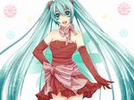  aqua_eyes aqua_hair bad_id bad_pixiv_id bow dress elbow_gloves gloves hand_on_hip hatsune_miku long_hair niduca_(hio_touge) open_mouth simple_background smile solo strapless strapless_dress twintails very_long_hair vocaloid 