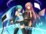  aqua_eyes aqua_hair blue_eyes blush detached_sleeves hatsune_miku headset highres koikeya long_hair megurine_luka microphone midriff multiple_girls navel piano_keys pink_hair skirt thighhighs twintails very_long_hair vocaloid zettai_ryouiki 