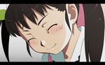  bakemonogatari blush close-up closed_mouth face green_ribbon hachikuji_mayoi hair_ribbon highres monogatari_(series) ribbon sidelocks smile solo twintails upper_body vector_trace 