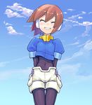  aile arms_behind_back bodysuit brown_hair cloud day lowres navel rockman rockman_zx shigehiro_(hiroi_heya) short_hair shorts skin_tight sky smile solo 