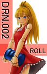  blonde_hair blue_eyes doll_joints energy_tank long_hair ponytail red_skirt rockman rockman_(classic) roll skirt solo toshi 