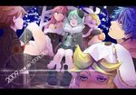  4girls aqua_hair blonde_hair blue_hair bow brown_hair earmuffs french hair_bow hatsune_miku highres jewelry kagamine_len kagamine_rin kaito laughing megurine_luka meiko multiple_boys multiple_girls musical_note necklace pink_hair sitting star stregoicavar vocaloid winter_clothes 