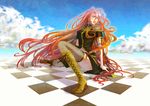  armband bad_id bad_pixiv_id boots checkered cloud day green_eyes long_hair megurine_luka midriff navel pink_hair sitting sky solo tattoo thighhighs very_long_hair vocaloid wind yukino_(planemark) 