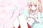  bad_id bad_pixiv_id blonde_hair blush flat_chest highres legs lying oouso original pink_eyes skirt smile solo thighhighs 
