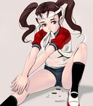  buruma copyright_request gym_uniform headband masao mouth_hold shoes socks solo stretch twintails 