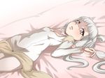  :o baanin bed blush child choker code_geass embarrassed flat_chest flower hair_flower hair_ornament long_hair lying on_back open_mouth pink_eyes quad_tails rose silver_hair solo tianzi 